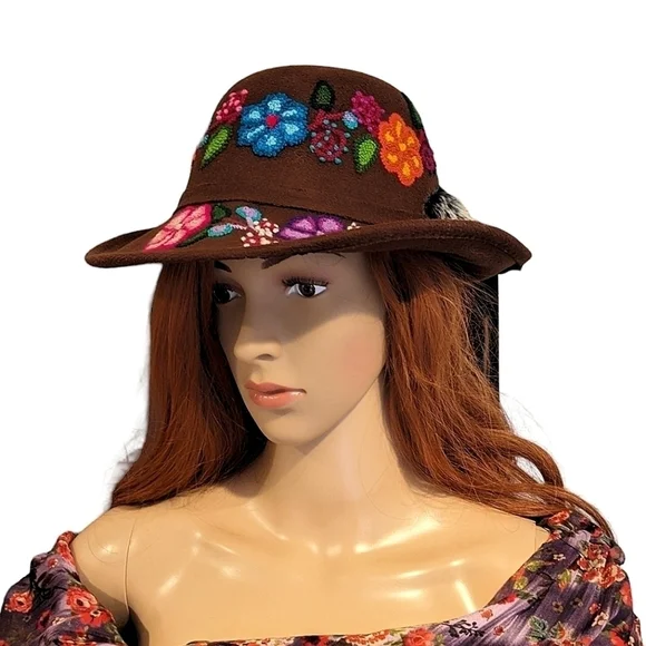 Peruvian hat/Andean hat/ handmade embroidery made by artisan/ floral style Unique hand-embroidered hat, made by a talented artisan from  main image 4